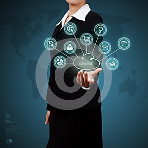 Business woman showing cloud computing. Concept of business mode