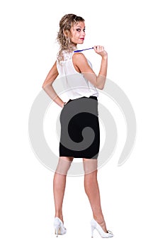 Business woman showing a copyspace isolated on