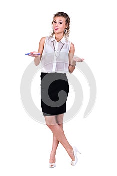 Business woman showing a copyspace isolated on