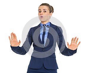 Business woman showing hold on gesture