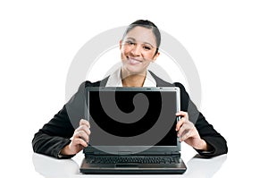 Business woman showing laptop screen