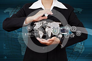 Business woman showing map and icon web symbol on hand