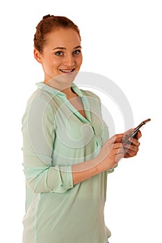 Business woman showing a message on a screen of a smart phone is