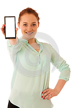 Business woman showing a message on a screen of a smart phone is