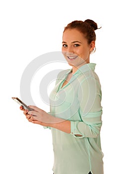 Business woman showing a message on a screen of a smart phone is