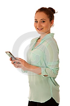 Business woman showing a message on a screen of a smart phone is