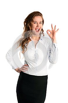 Business woman showing OK hand sign smiling happy