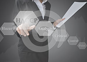 Business woman showing presentation of meaning of HACCP concept Hazard Analysis of Critical Control Points a principle on blue