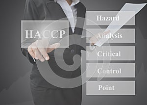 Business woman showing presentation of meaning of HACCP concept Hazard Analysis of Critical Control Points a principle on blue