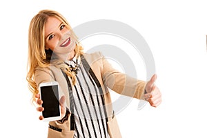 Business woman showing smart phone with blank display for text o