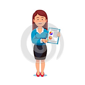 Business woman showing statistical data and report