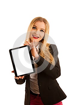 Business woman showing tablet with blank display for text or com