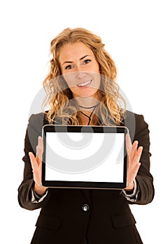 Business woman showing tablet with blank display for text or com