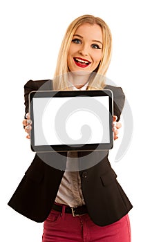 Business woman showing tablet with blank display for text or com