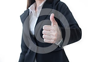 Business woman showing thumb up gesture isolated on white background