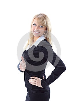 business woman showing thumbs up