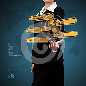 Business woman. Showing virtual global communication. Concept of