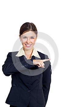 Business woman shows the direction to right.