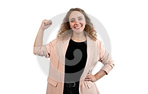 Business woman shows powerful muscles on her arm isolated on white background