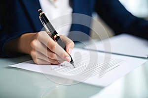 Business woman signing contract close up. Businesswoman lawyer looks over agreement.