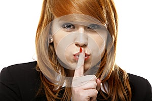 Business woman with silence sign isolated