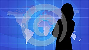 Business Woman Silhouette, World Map Background