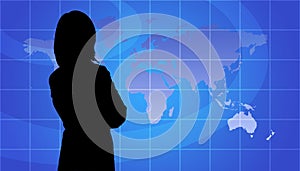 Business Woman Silhouette, World Map Background