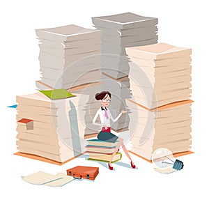 Business Woman Sit On Books Stacked Paper Document Paperwork