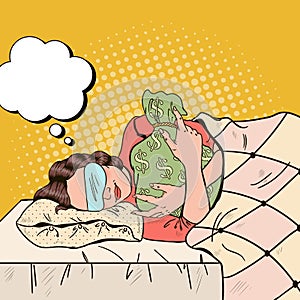Business Woman Sleeping in Bed with Money Bag. Pop Art retro illustration