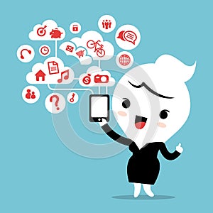 Business woman with smartphone device cloud social network