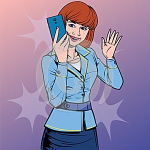 Business woman with smartphone and mobile phone Some people are impressive. Illustration vector On pop art comics style.