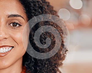 Business woman, smile and portrait closeup with confidence, work pride and happy. Worker, professional and female