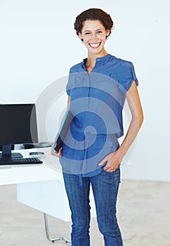 Business woman, smile and portrait with job and office fashion with style ready for pitch with tablet. Startup