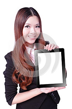 Business woman smile and showing tablet pc