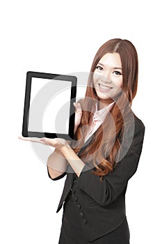 Business woman smile and showing tablet pc