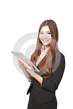 Business woman smile and showing tablet pc