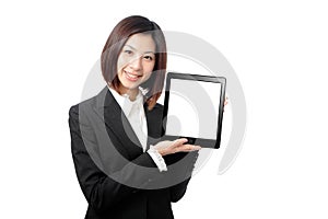 Business woman smile and showing tablet pc