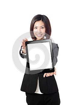 Business woman smile and showing tablet pc