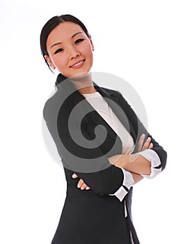 Business woman smiling with crossed arms isolated on white background. beautiful Asian woman in black business suit