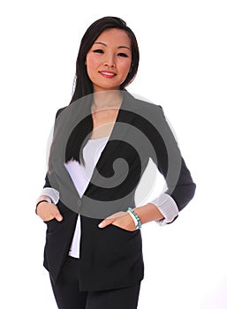 Business woman smiling isolate. beautiful Asian woman in black business suit looking at camera