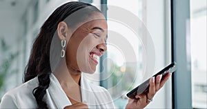 Business woman, speaker phone call and smile at window in modern office for communication, contact or networking. Person