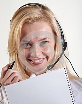 Business woman with a speakerphone