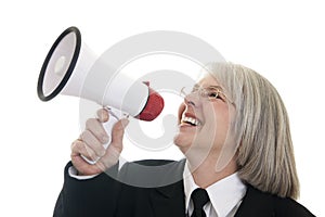 Business woman speaking into a bullhorn photo
