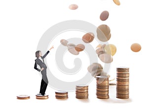 Business woman stand on money stairs