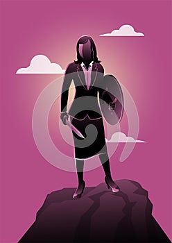 Business woman stand on mountain rock and hold shield and sword