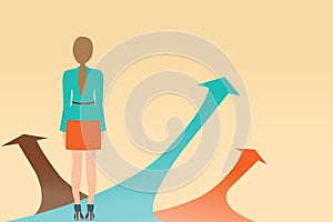 Business woman standing on the arrow with many directions ways,C