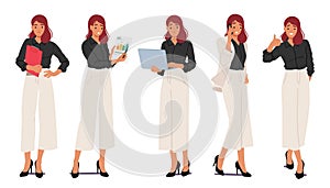 Business Woman Standing In Different Poses. Female Character In Smart Wear Holding Clipboard And Laptop, Showing Charts