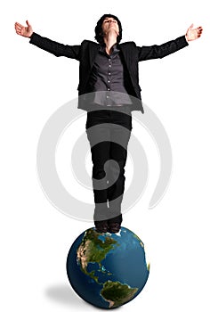 Business woman standing on an earth globe