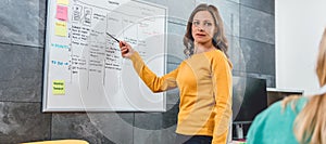 Business woman standing in front of the whiteboard photo