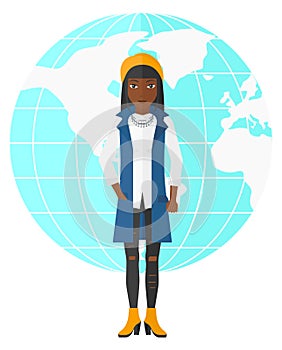 Business woman standing on globe background